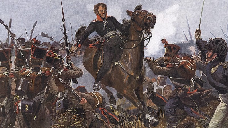 Major Heinrich Ferdinand von Krosigk v čele útoku braniborské jízdy v bitvě u Lipska (obraz z roku 1890)