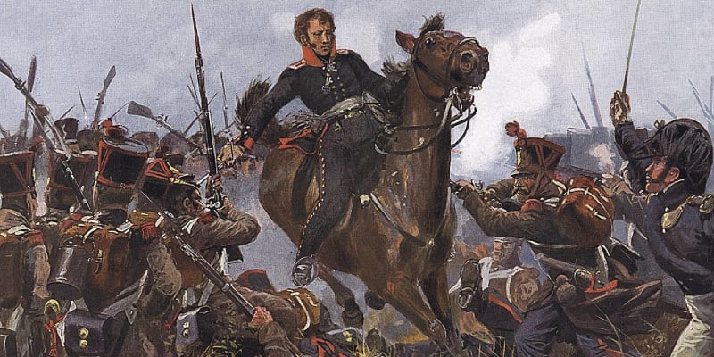 Major Heinrich Ferdinand von Krosigk v čele útoku braniborské jízdy v bitvě u Lipska (obraz z roku 1890)