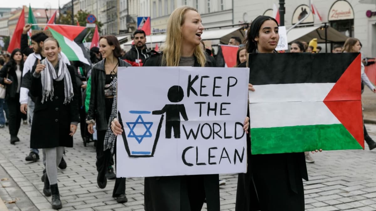 Norka na propalestinské demonstraci v Polsku pobouřila svým transparentem, který vyzývá k očištění světa od Izraele.