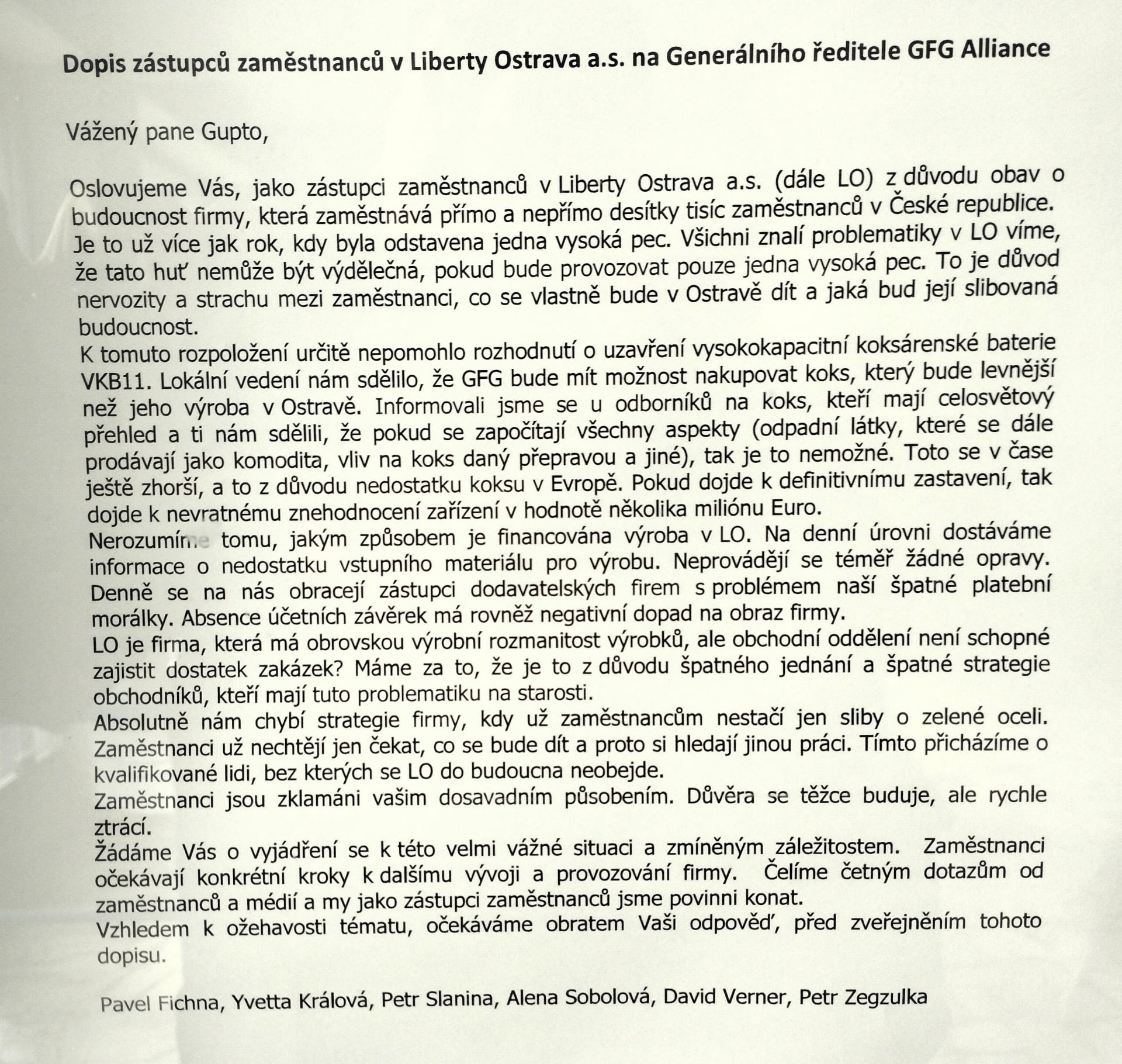Ocelárny Liberty Ostrava. Z dopisu odborů pro majitele hutě, kterým je britský podnikatel Sandžív Gupta.