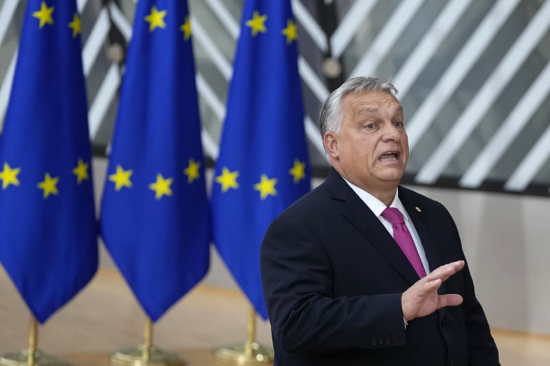 Maďarský premiér Viktor Orbán mluví s médii po příjezdu na summit EU.
