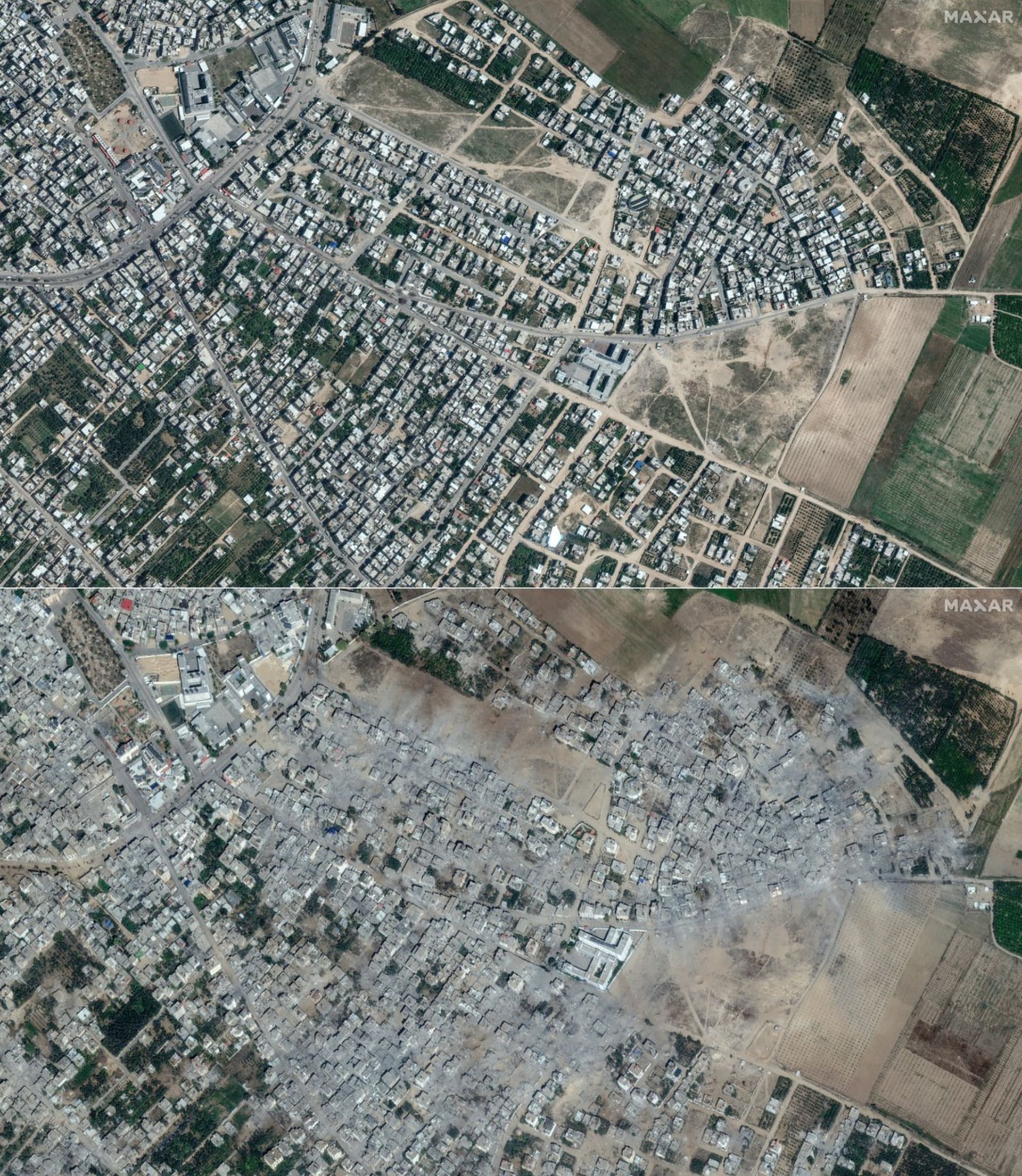 Porovnání stavu města Bajt Hanún z 10. května a 21. října