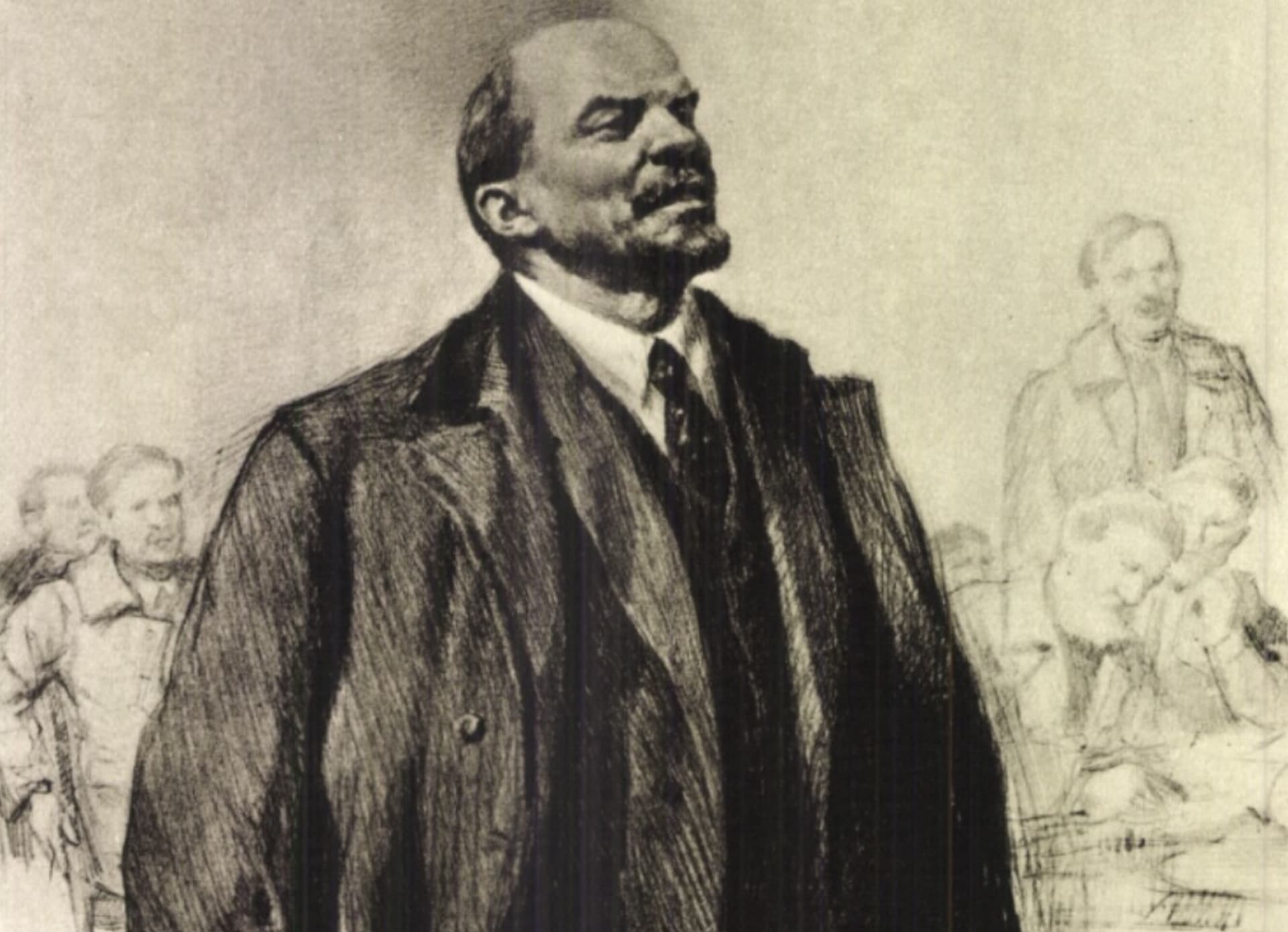 Vladimir Iljič Lenin. V obci Veľké Úľany na Slovensku měl do 2. listopadu 2023 Leninovu ulici, která byla v předvečer bolševické revoluce (VŘSR) v tichosti přejmenována na Dlouhou. Repro z knihy  Lenin v obrazech z roku 1951.