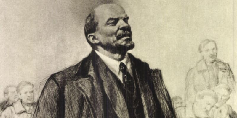 Vladimir Iljič Lenin. V obci Veľké Úľany na Slovensku měl do 2. listopadu 2023 Leninovu ulici, která byla v předvečer bolševické revoluce (VŘSR) v tichosti přejmenována na Dlouhou. Repro z knihy  Lenin v obrazech z roku 1951.
