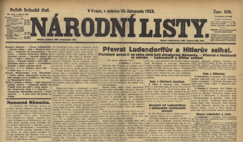 Národní listy z 10. listopadu 1923 informují o neúspěšném puči Adolfa Htlera v Mnichově. 