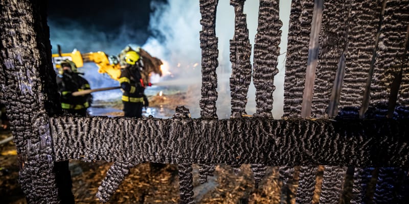 Hasiči na Královéhradecku likvidují velký požár haly se slámou.