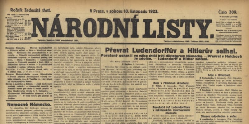 Národní listy z 10. listopadu 1923 informují o neúspěšném puči Adolfa Htlera v Mnichově. 