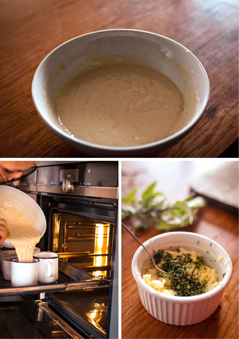 Nadýchaný yorkshirský pudink s česnekovo-bylinkovým máslem pečený v hrníčku