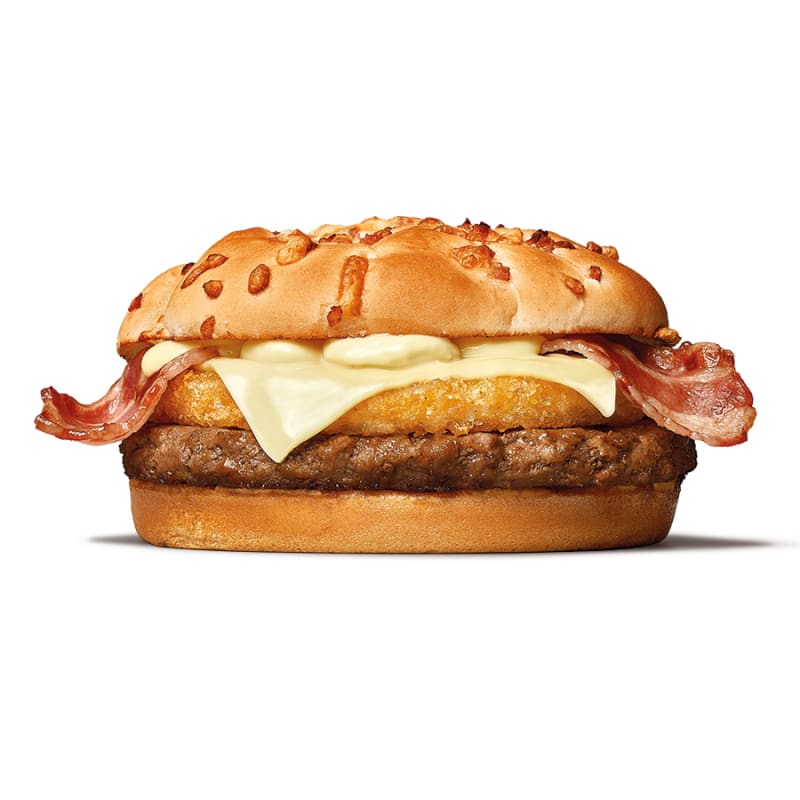 Swiss King! Nejklasičtější ze sýrových burgerů. S hovězím, ementálem, spoustou sýrové omáčky, slaninou a bramborovou plackou. Radost sama.