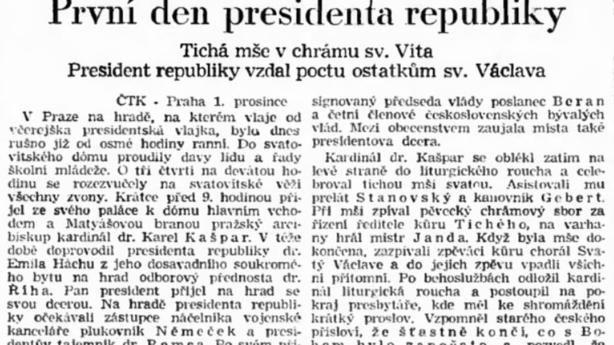 Zpráva ČTK o prvním dnu Emila Háchy ve funkci československého prezidenta, tedy o 1. prosinci 1938.