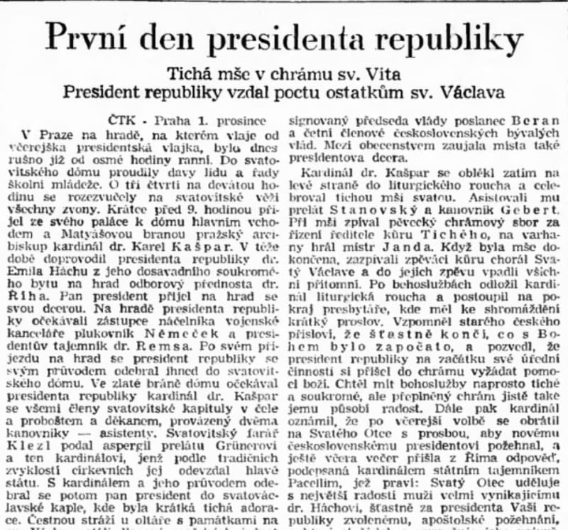 Zpráva ČTK o prvním dnu Emila Háchy ve funkci československého prezidenta, tedy o 1. prosinci 1938.