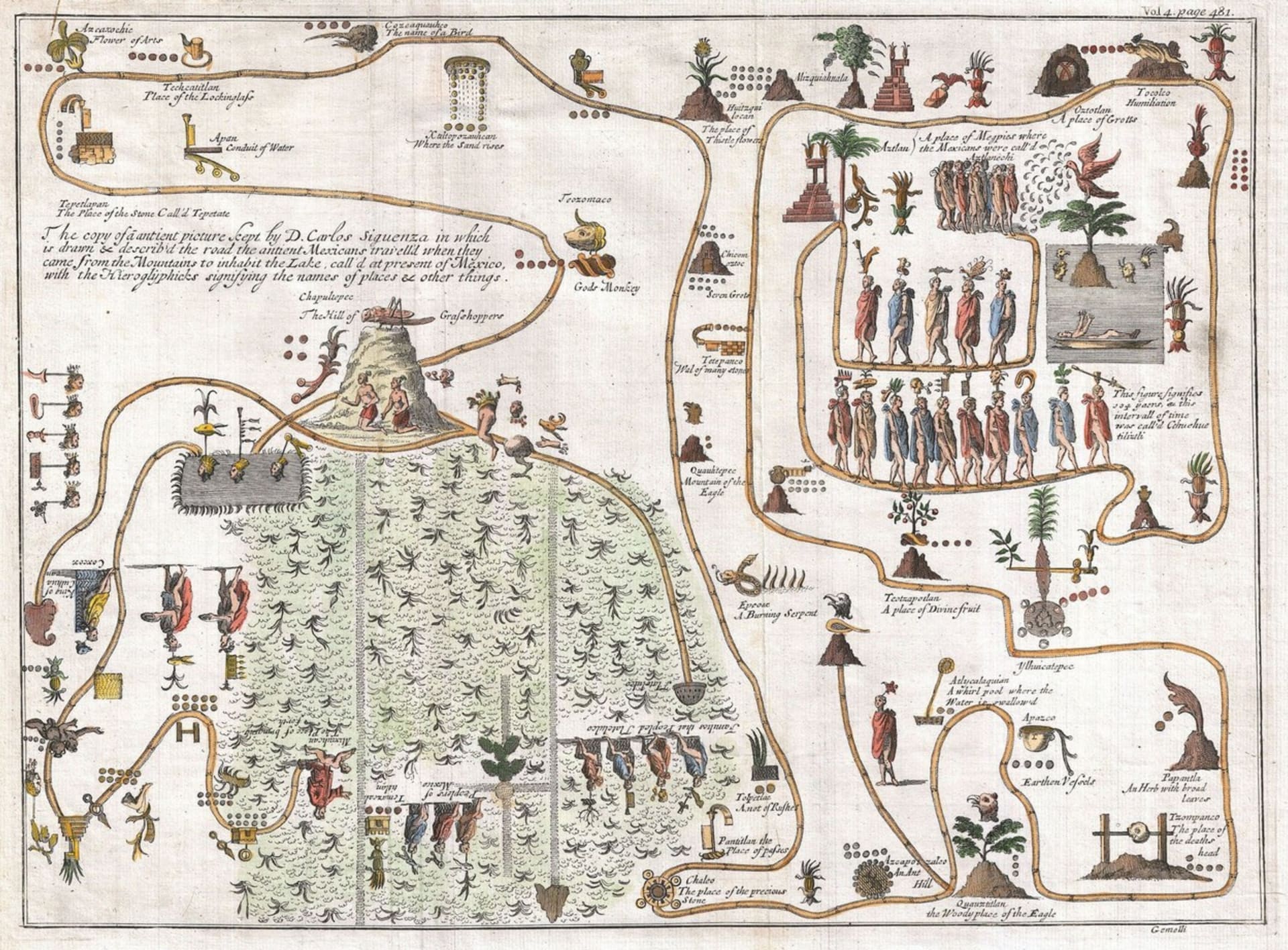 Takzvaná Gemelliho mapa z roku 1704 má být kopií staré aztécké předlohy, která znázorňovala migraci Aztéků z Aztlan do Chapultapecu