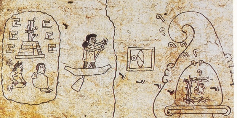 Zobrazení migrace Aztéků z Aztlanu (kodex Boturini ze 16. století)