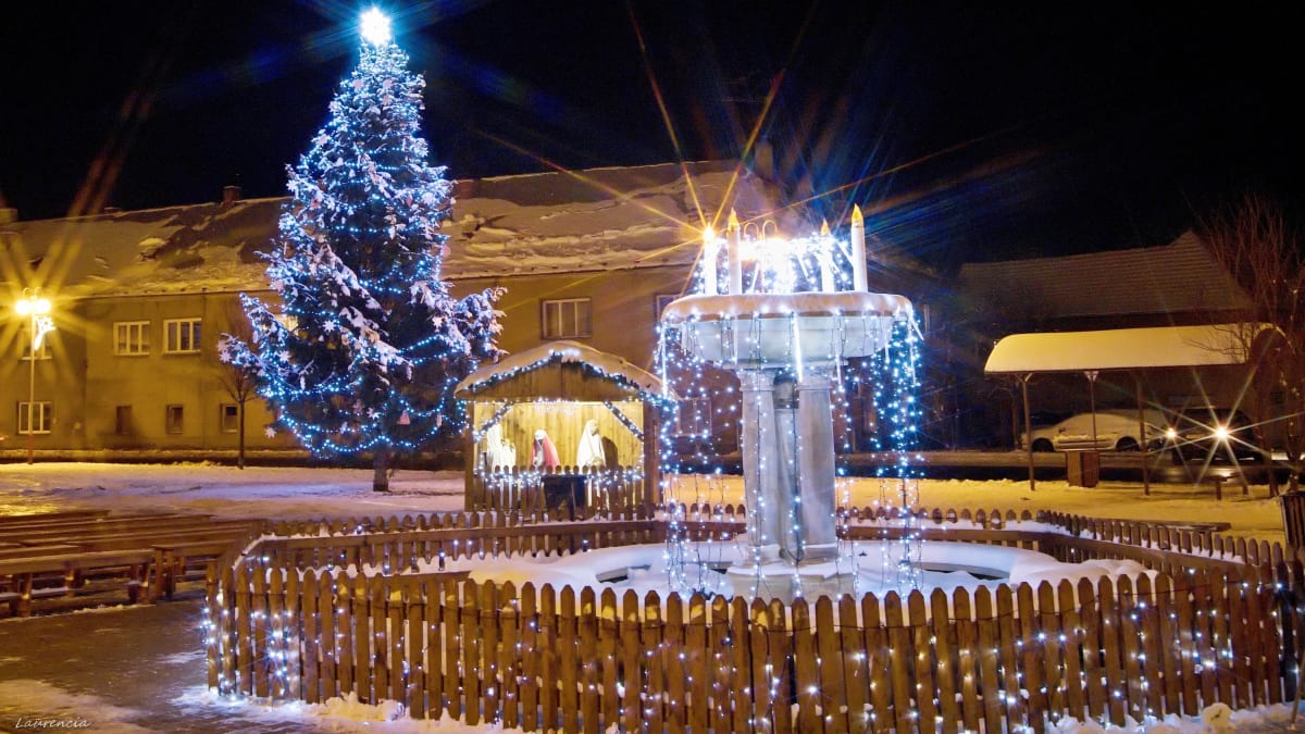 Vánoční strom v obci Kryry v Ústeckém kraji