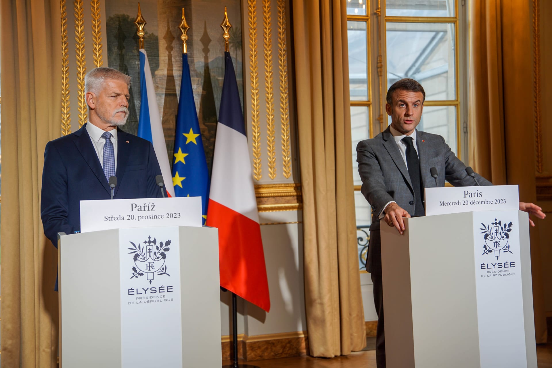 Petr Pavel na návštěvě Francie se svým protějškem Emmanuelem Macronem.