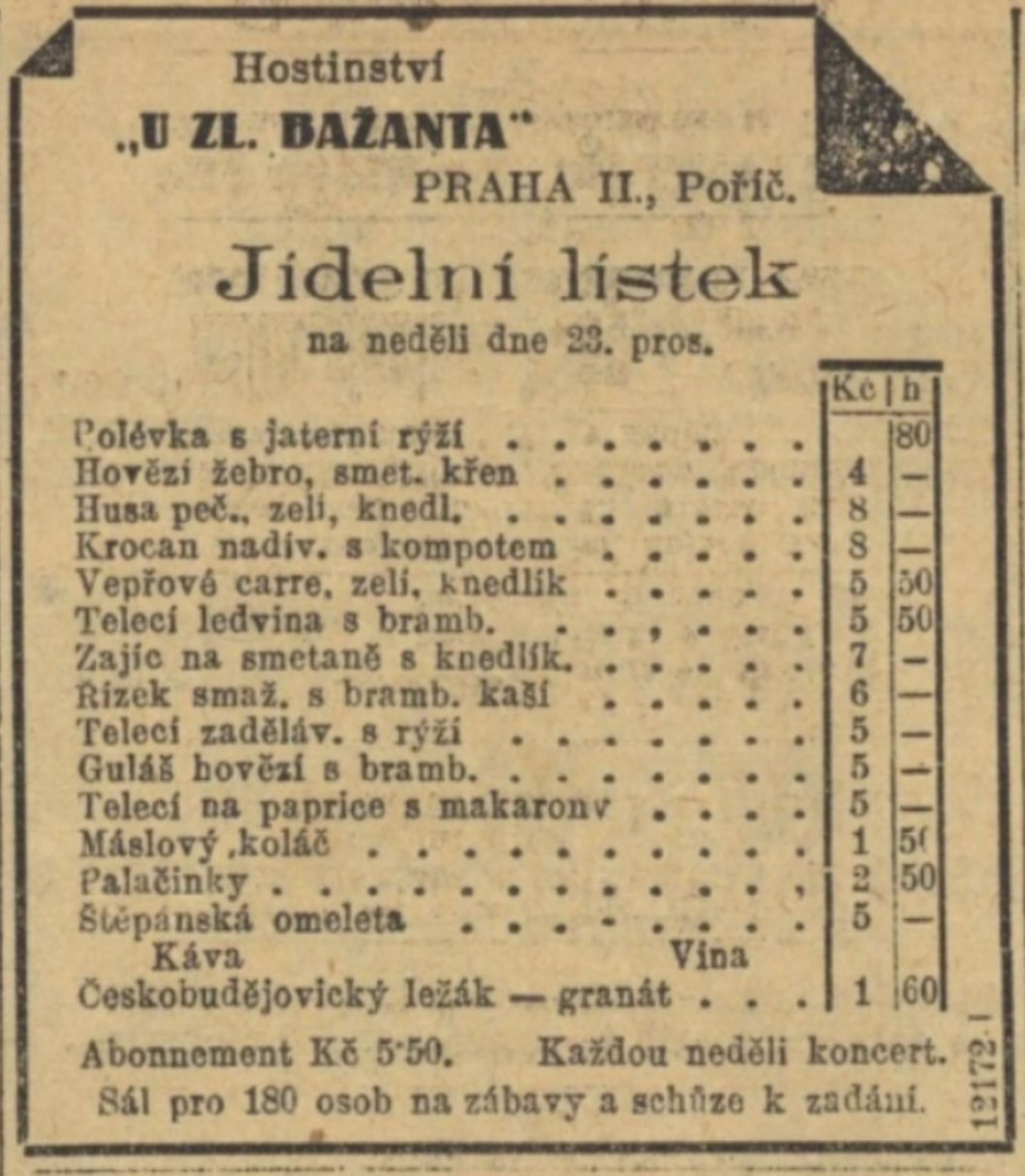 Vánoce 1923. Ceny nedělních obědů v restauraci střední třídy.