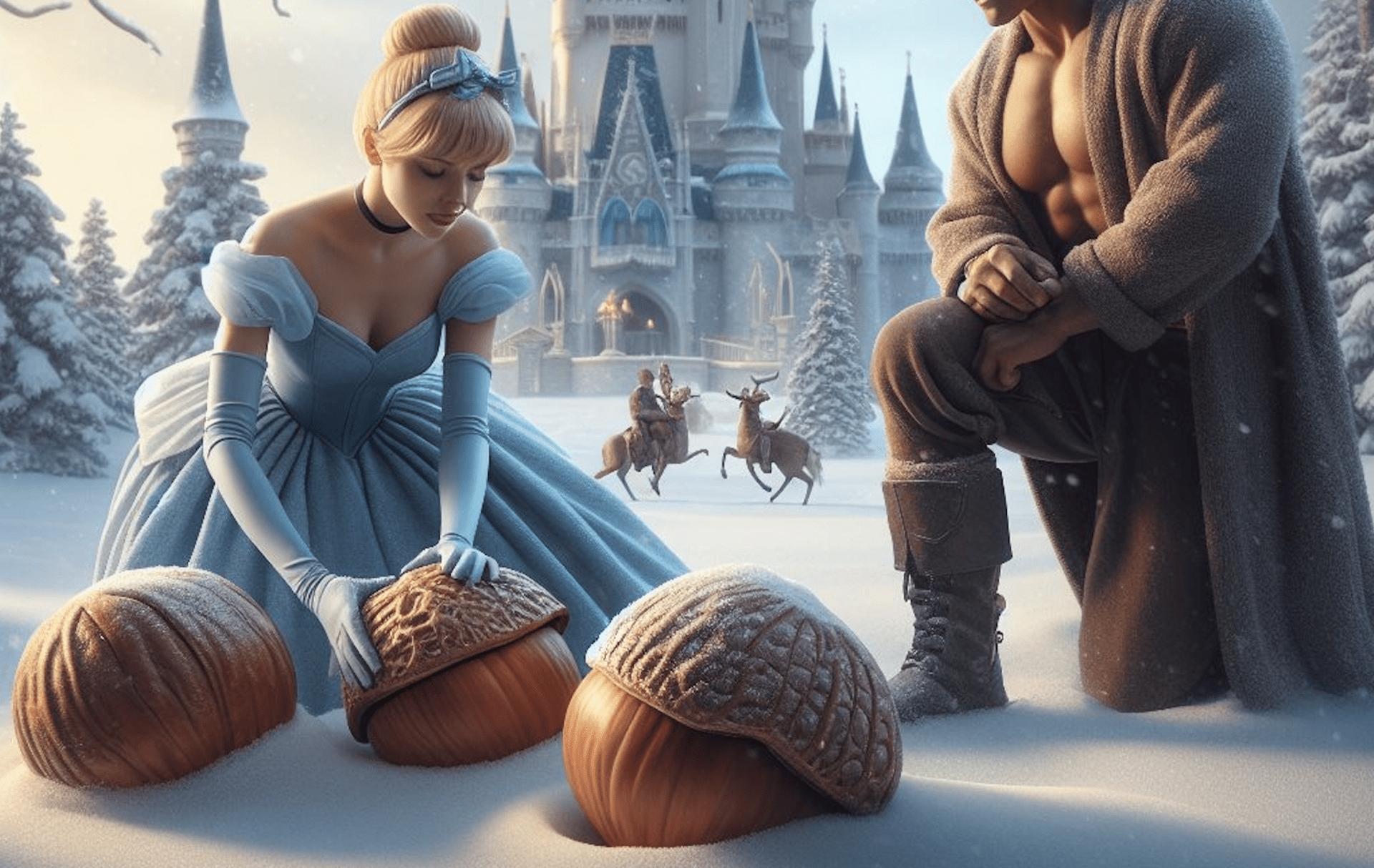 Tři obří lískové ořechy, polonahý princ a dívka ve sněhu. Tak si umělá inteligence představuje českou pohádku Tři oříšky pro Popelku.