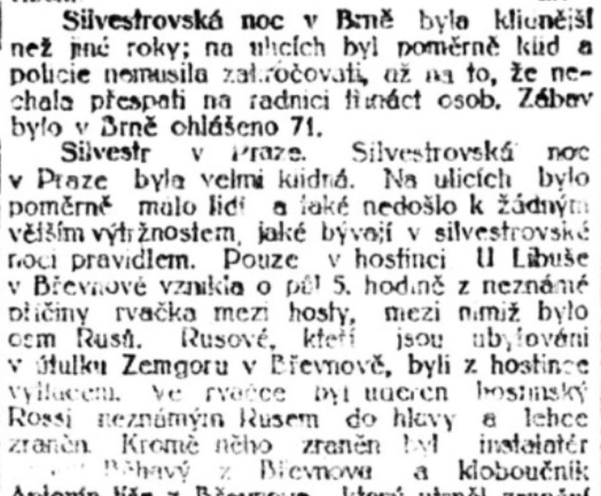 Policejní zpráva o Slivestru 1923 v Praze a Brně.