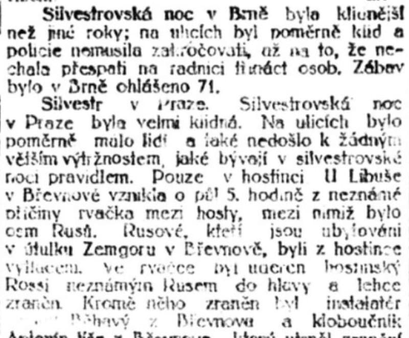 Policejní zpráva o Slivestru 1923 v Praze a Brně.