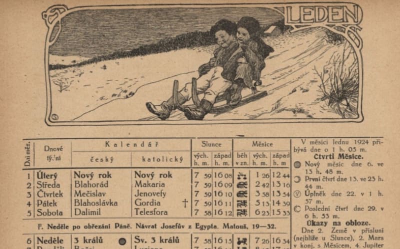 Leden 1924, z dobového kalendáře.