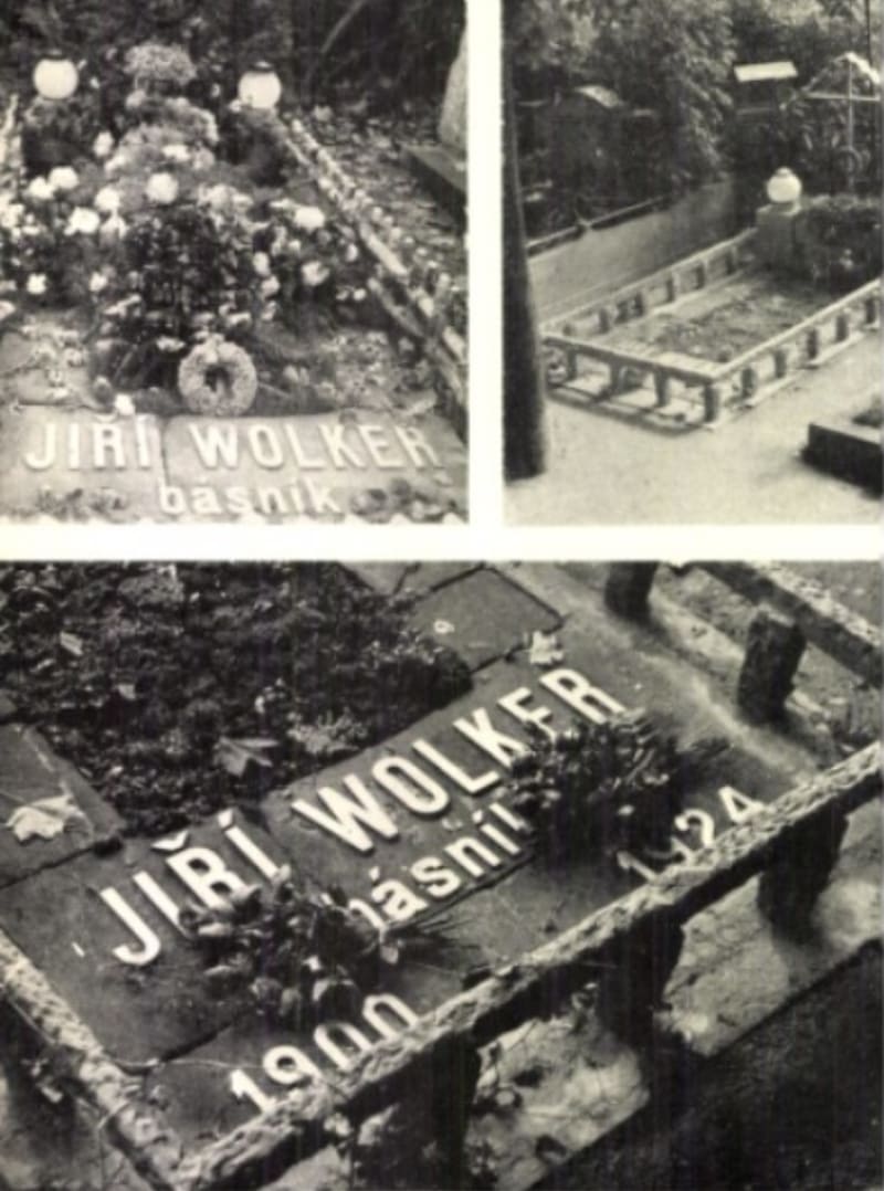 Wolkerův hrob krátce po pohřbu, vlevo nahoře. Na dalších snímcích po úpravách v roce 1937, ani pak neobsahoval slavný epitaf. Foto z knihy Zdeny Wolkerové z roku 1937