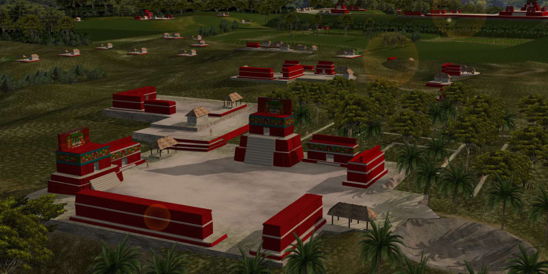 3D rekonstrukce náměstí města Yax Balam. Nádvoří obklopovaly paláce a pyramidy, patřil k nim městský park protkaný dlážděnými chodníky. To svědčí o přepychu a bohatství města, které bylo osídleno vysoce postavenou šlechtou