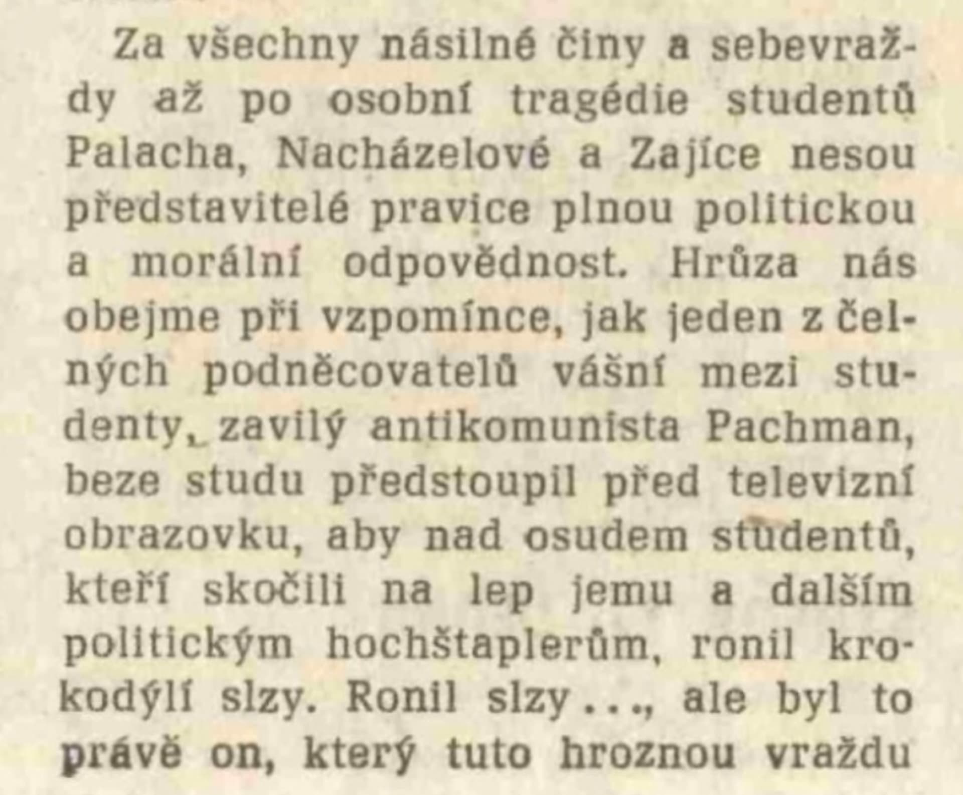 Rudé právo, 13. ledna 1979. Detail textu Jiřího Stana, který z úmrtí Jana Palacha obvinil šachového velmistra Luďka Pachmana.