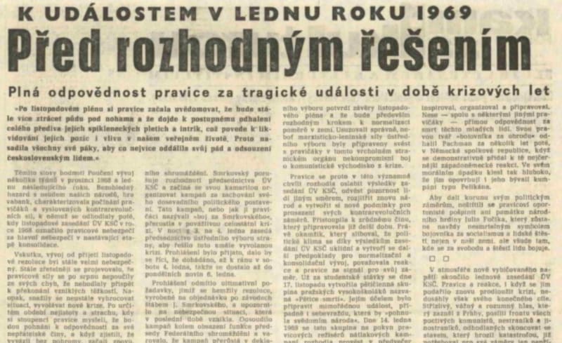 Rudé právo, 13. ledna 1979. Text Jiřího Stana, který z úmrtí Jana Palacha obvinil šachového velmistra Luďka Pachmana.