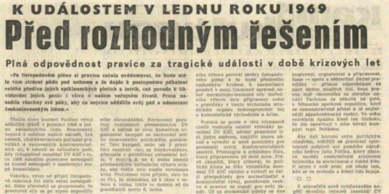 Rudé právo, 13. ledna 1979. Text Jiřího Stana, který z úmrtí Jana Palacha obvinil šachového velmistra Luďka Pachmana.