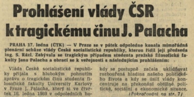 Rudé právo, 18. ledna 1969. Tehdy ústřední deník KSČ dokonce ještě přinesl zprávu i o důvodech, proč se Jan Palach upálil. Za pár týdnů už stejný deník o Palachovi jen lhal, což trvalo dalších 20 let.