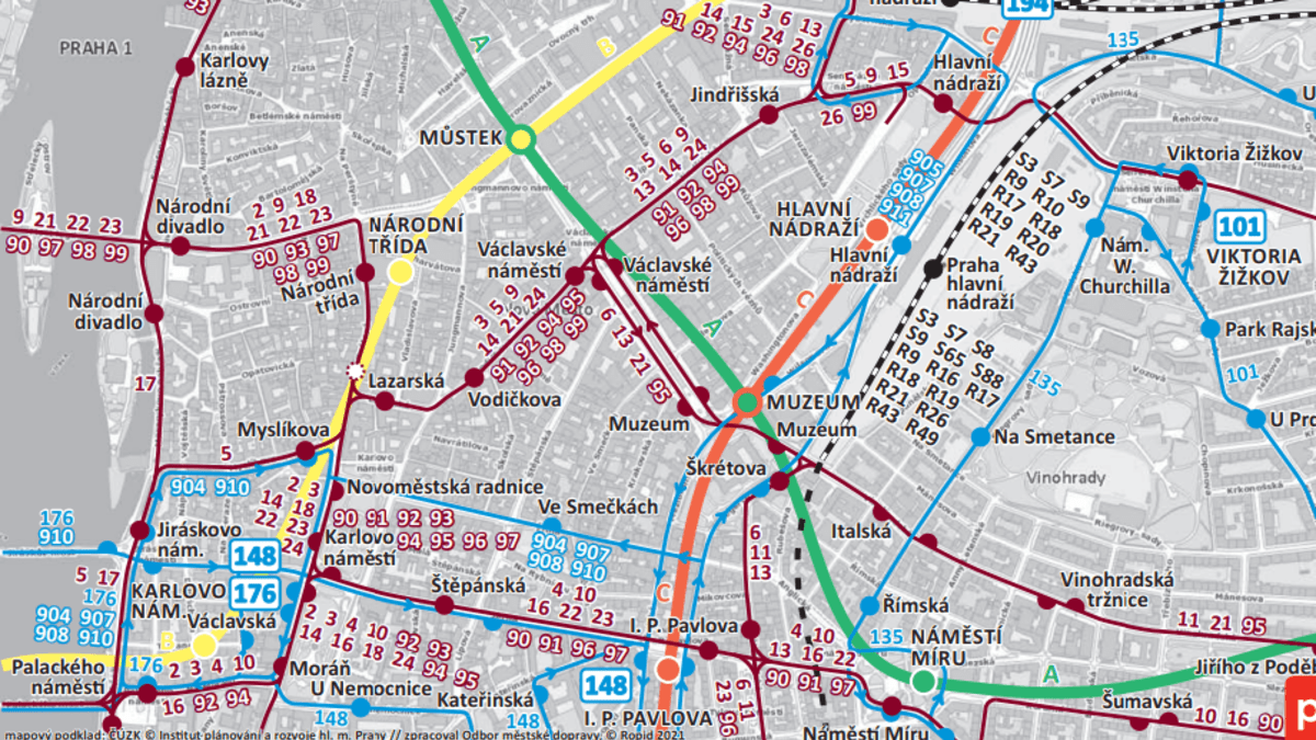 Tramvaje na Václavském náměstí (mapa)