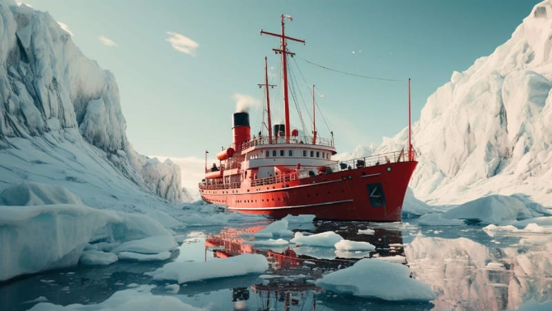 Loď ve vodách Antarktidy
