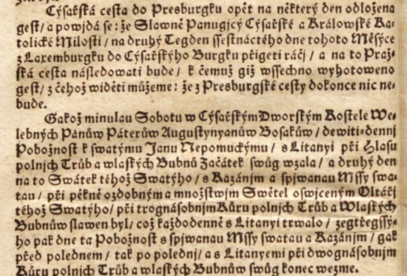 První české noviny, které pravidelně vycházely od 4. února 1719. Český postylion neboližto Noviny české (v tehdejší gramatice Cžeský Postylion. Neboližto NOWJNY Cžeské) 