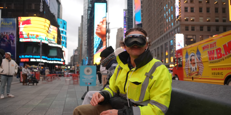 Youtuber Casey Neistat s brýlemi Apple Vision Pro mezi lidmi na Times Square v New Yorku