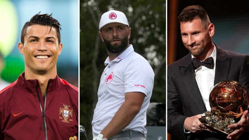 Tři nejvýdělečnější sportovci roku 2023: zleva fotbalista Cristiano Ronaldo, golfista Jon Rahm a fotbalista Lionel Messi
