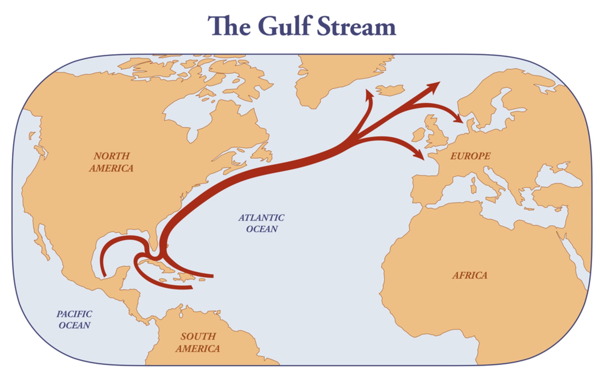 Mapa Golfského proudu, který směřuje od Karibského moře až ke břehům Evropy