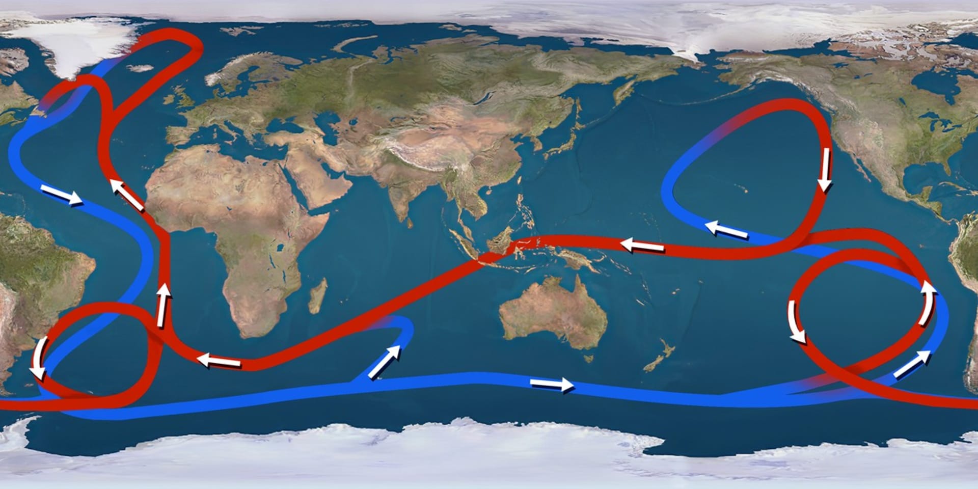Mapa hlavních oceánských proudů. Modře jsou vyznačené studené a červeně teplé