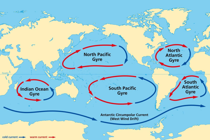Mapa oceánských gyrů - rozsáhlého systému mořských proudů