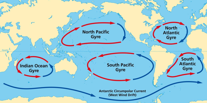 Mapa oceánských gyrů - rozsáhlého systému mořských proudů