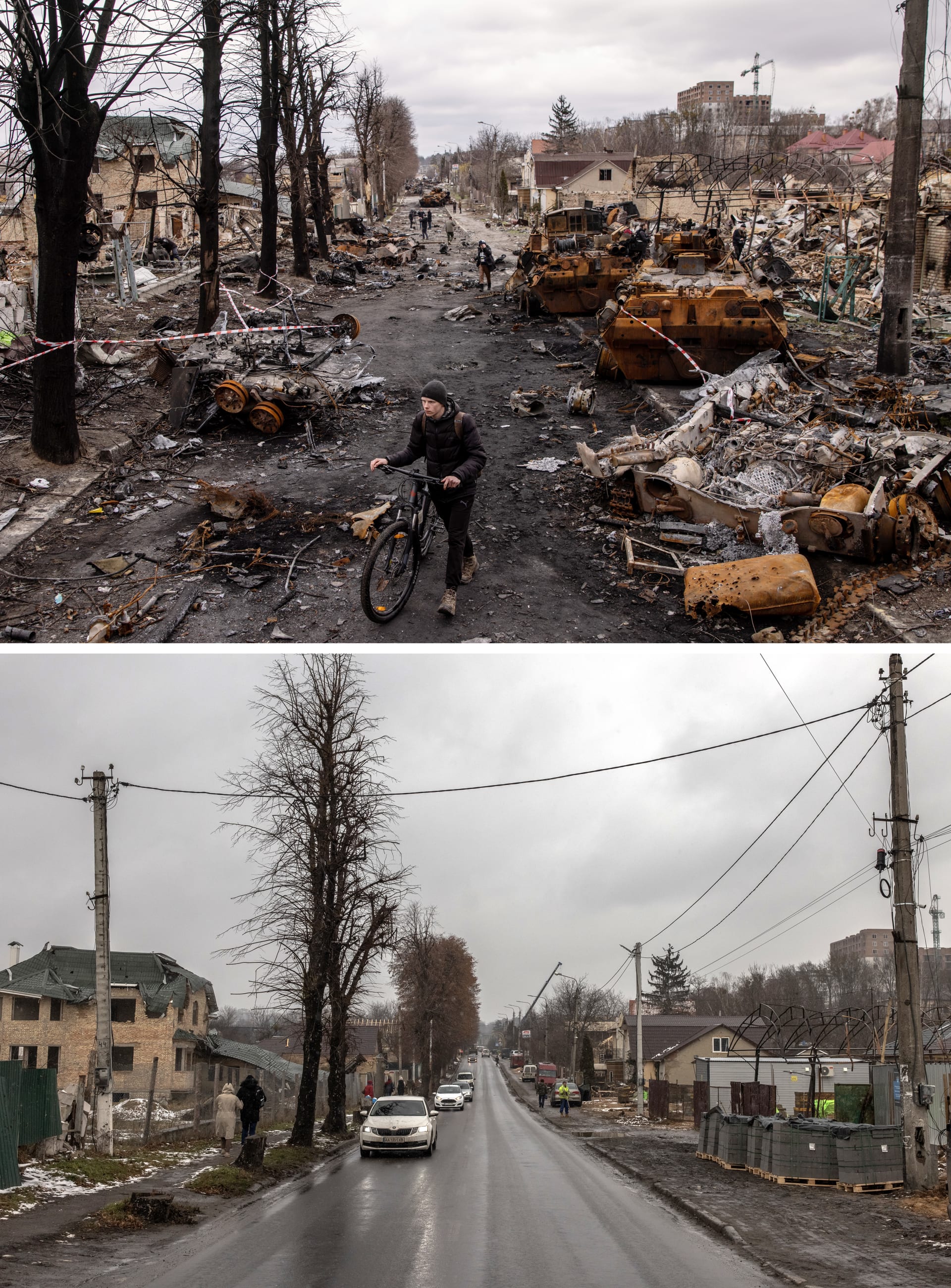 Pohled na město Buča po začátku ruské invaze a po odklizení všech trosek.