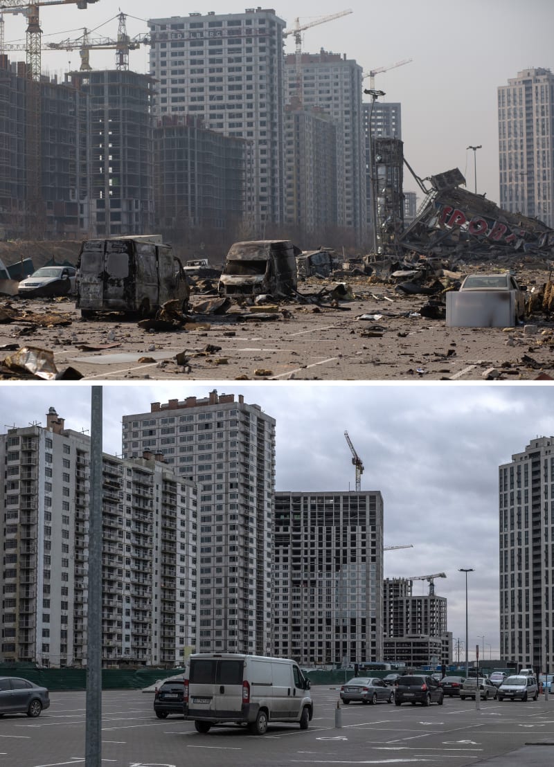 Snímky, které porovnávají hlavní město Ukrajiny Kyjev před a po začátku ruské invaze v roce 2022.