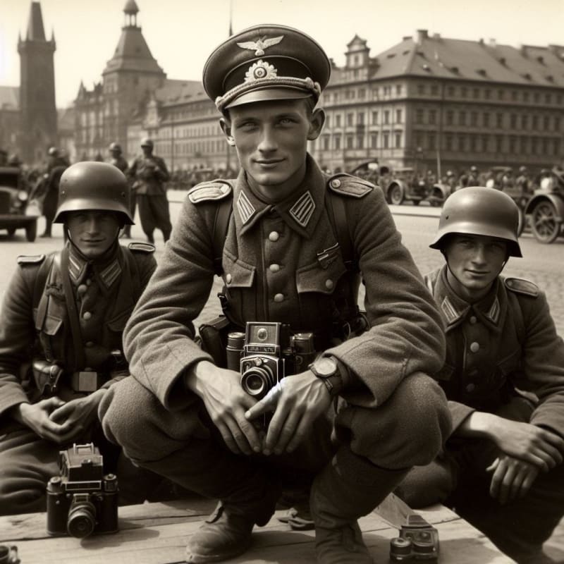 Obrázek od Microsoft Designer na zadání: německý voják v Praze, čtyřicátá léta, historické foto.