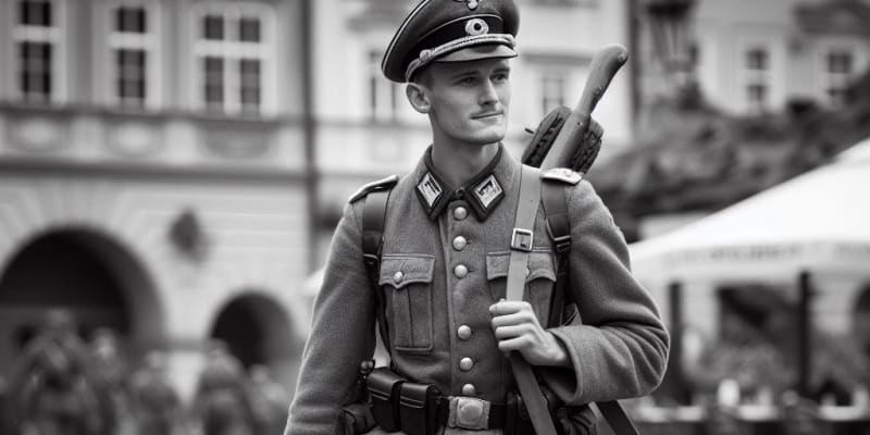 Obrázek od Microsoft Designer na zadání: německý voják v Praze, realistické foto.