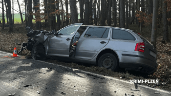 Vážná nehoda u Domažlic. Po srážce s náklaďákem skončila zraněná žena se dvěma dětmi