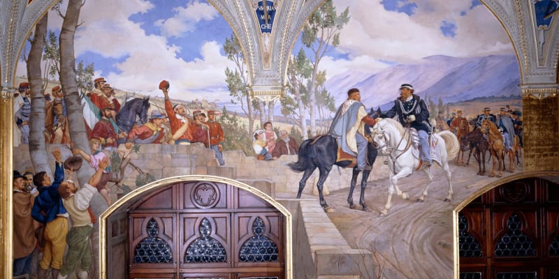 Král Viktor Emanuel II. se setkává s Gieseppem Garibaldim