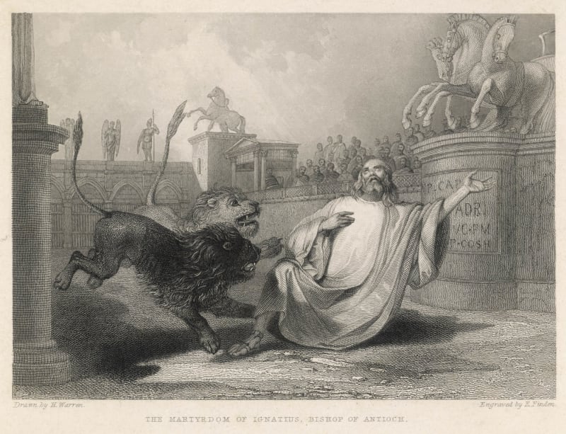 Příběh svatého Ignáce roztrhaného lvy je častým motivem uměleckých děl