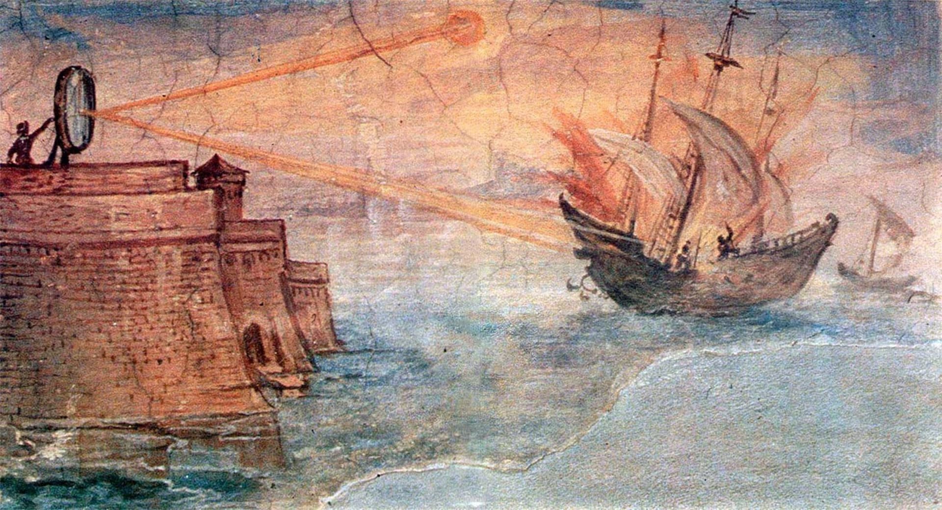 Nástěnná malba v galerii ve Florencii zobrazující řeckého matematika Archiméda, který používá zrcadlo ke spálení římských vojenských lodí. Obraz namaloval v roce 1600 Giulio Parigi