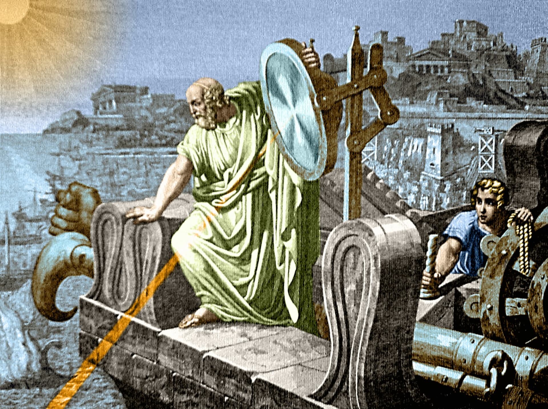 Rekonstrukce Archimédova paprsku smrti, který byl údajně určen ke spálení římské flotily útočící na Syrakusy v roce 212 př. n. l.