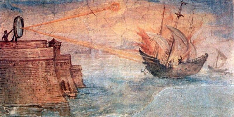 Nástěnná malba v galerii ve Florencii zobrazující řeckého matematika Archiméda, který používá zrcadlo ke spálení římských vojenských lodí. Obraz namaloval v roce 1600 Giulio Parigi