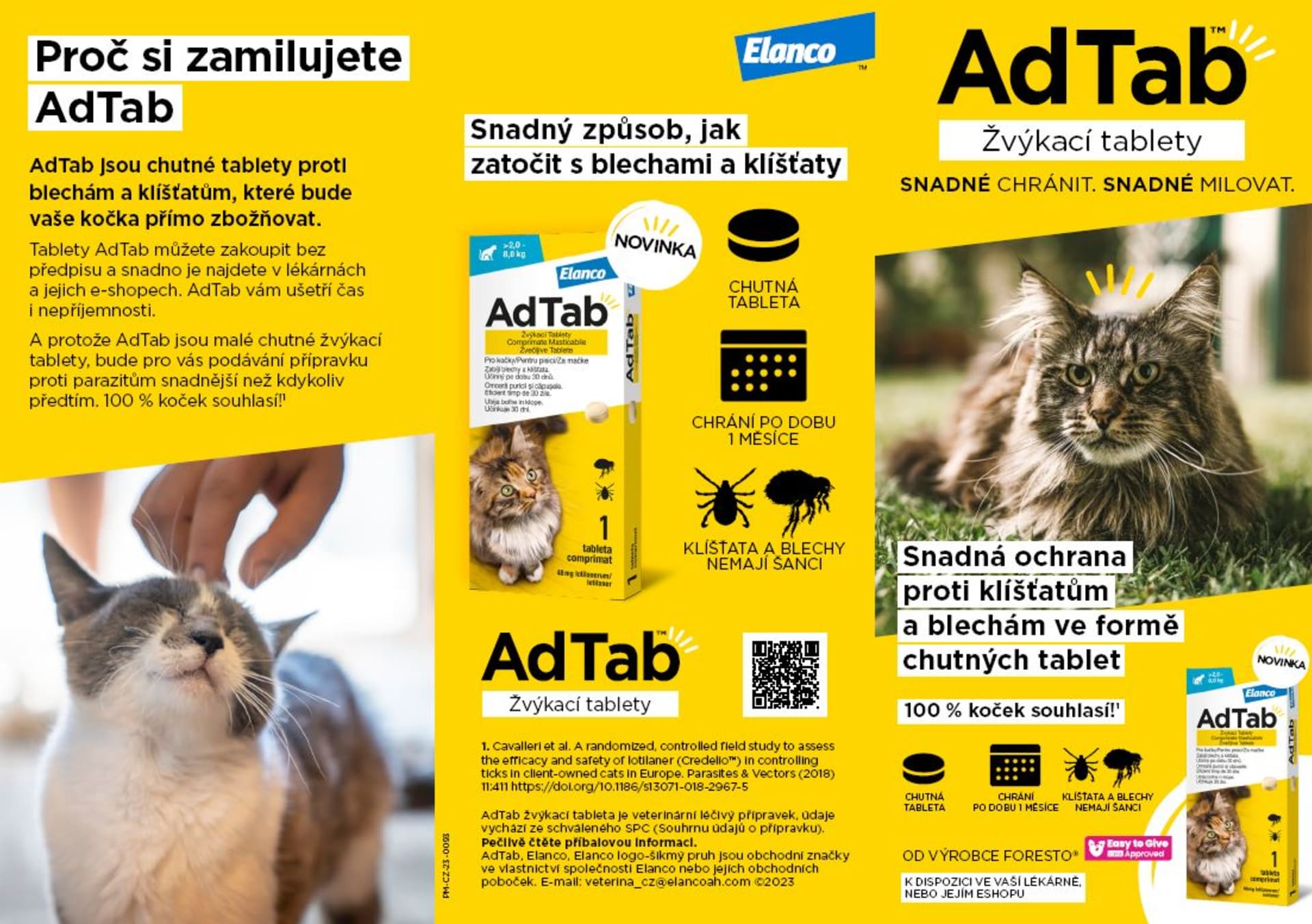 AdTab je malá, ochucená,  žvýkací tableta, která psy a kočky zbaví klíšťat a blech. Je bezpečná, účinná a funguje po dobu jednoho měsíce.